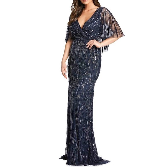 Mac Duggal | Dresses | Mac Duggal Beaded Capelet Sleeve Column Gown In  Midnight Blue Nwt | Poshmark